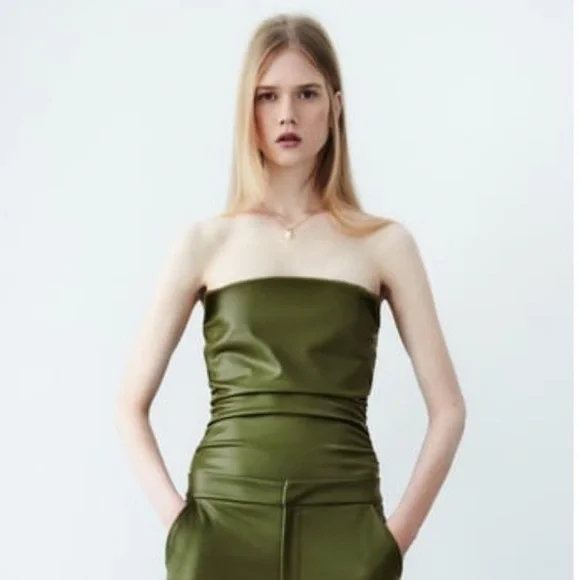 Zara Faux Leather Bustier Bodysuit Olive Green - Picture 7 of 9